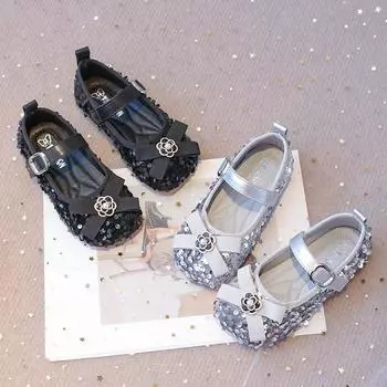 Girls Princess Shoes with Bow-knot Fashion Children Sequins Leather Shoes for Party Wedding Kids Shallow Camellia Flats Shoes 26 чёрный