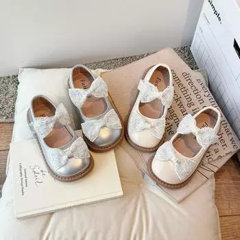 Girls Princess Shoes with Double Bow Kids Leather Shoes Cute Round Toe 2024 New Fashion Girls Flat Shoes Casual Sweet Mary Janes 23 бежевый