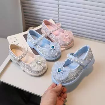 Туфли принцессы для девочек с сетчатым бантом 2024 года, новые детские кожаные туфли с кристаллами Love, танцевальная обувь для девочек для вечеринки, мягкая подошва, нескользящая 23 бежевый
