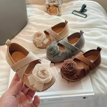 Girls Princess Shoes with Sweet Flowers 2024 New Kids Flat Shoes Soft Sole Girls Moccasins Fashion Versatile Dance Shoes Cute 21 абрикосовый