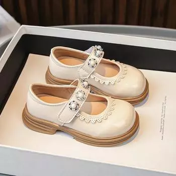 Girls Round Toe Kids Leather Shoes 2024 Spring and Autumn New Lace Pearls Shiny Loafers Children Pearls Lace Fashion Casual Shoe 26 бежевый