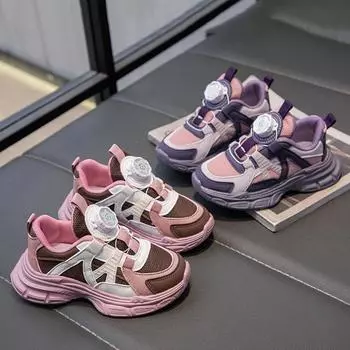 Кроссовки для девочек с вращающимися кнопками, детская спортивная обувь, дышащая сетка 2024 года, новые повседневные кроссовки для школьников 26 розовый