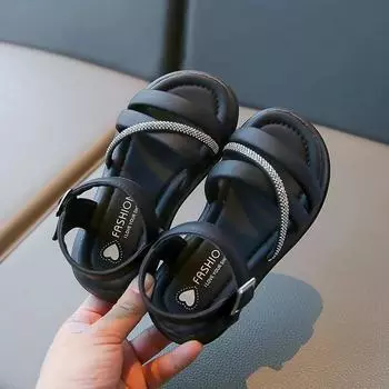 Girls Sandals 2024 Summer New Children Fashion Versatile Beach Shoes Little Girl sweet Casual Princess Shoes with Shiny Diamond 26 бежевый