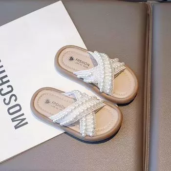 Girls’ Sandals 2024 Summer New Children s Soft Sole Chic Slippers Lace Pearl Beach Shoes for Vacation Sweet Princess Fashion 26 бежевый