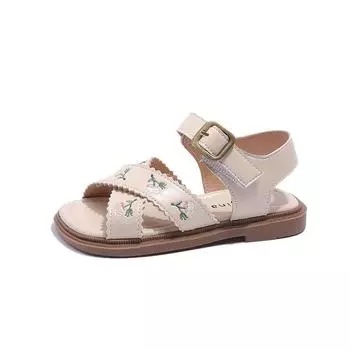 Girls Sandals 2024 Summer New Embroidered Flowers Baby Girl Casual Beach Shoes Big Kids Princess Sandals Ethnic Style Sweet Hot 26 чёрный