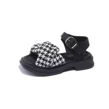 Girls Sandals Children Fashion Weave Houndstooth Prints Simple Open-toe Summer Kids Casual Shoes Non-slip Britain Style Non-slip 23 чёрный