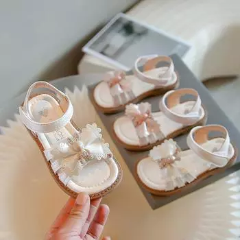 Girls Sandals Kids Sandals 2024 Summer New Children Flat Sandals Bowtie with Bunny Cute Soft Rabbit Design Anti-skid Open Toes 23 бежевый