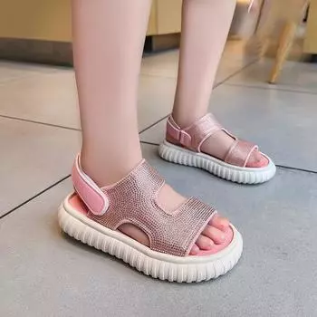 Girls Sandals Rhinestones Open-toe Soft Kids Shoes 2024 Summer New Breatheable Children Casual Shoes Versatile Solid Color Flat 26 бежевый