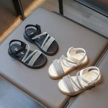 Сандалии для девочек, лето 2024, новые детские пляжные сандалии со стразами, модные детские сандалии принцессы с открытым носком, дышащие 23 бежевый