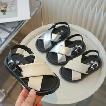 Girls Sandals Summer 2024 New Children s Cross-tied Beach Shoes Fashion Open-toe Kids Causal School Non-slip Sandals Soft Bottom 26 бежевый