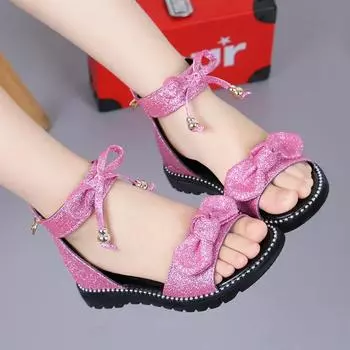 Girls Sandals Summer 2024 New Korean Fashion Princess Shoes Bow-knot Soft Sole Children s Sweet Roman Shoes Elegant Temperament 27 золотой