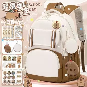 Girls Schoolbag Primary School Students Grade 3 to Grade 6 Junior High School Large Capacity Girls Lightweight Large Capacity Burden Reduction Brown-Unpatterned
