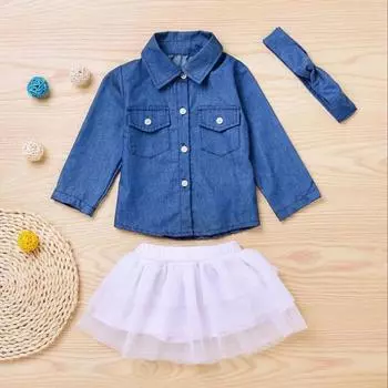 Girls Shirt Cake Dress Headband Set 3 Pieces Outfits Baby Girls Long Sleeve Tops Mesh Skirts Headband Suit Solid Color Spring Fall Clothes 120cm