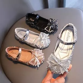 Girls Shoe Kid Shoes Leather Shoes Spring New Soft Sole Anti Slip Baby Single Shoe Water Diamond Princess Shoes Crystal Shoe 26insole16.1cm чёрный