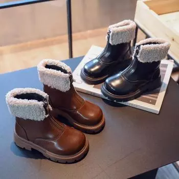 Girls Short Boots Turned-over Edge Plush Retro Winter Children Warm Boots Front Zipper Kids Fashion Boots Anti-Slippery 2024 New 26 чёрный