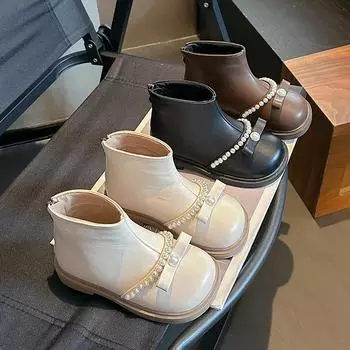 Girls Short Boots with Simple Bow Kids Princess Boots Suede 2024 Autumn Winter Fashion Children Leather Boots with Back Zipper 23 бежевый
