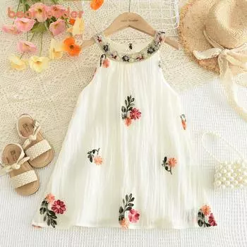 Girls Sleeveless Dress Bear Leader 2-7 Years Beige Flower Embroidered Dresses AM3255 2T