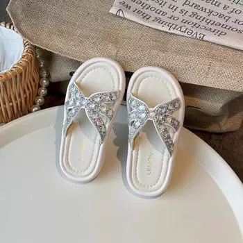 Girls Slippers Outdoors 2024 New Children Fashion Princess Beach Shoes with Shiny Rhinestone Kids Versatile Sandals for Vacation 26 бежевый