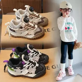 Girls Sneakers Spring and Fall Children s Shoes Rotating Buttons Fall Little Girl Lightweight Gump Shoes 27 хаки