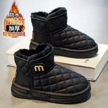 Ботинки для девочек с мехом, зимние, новые, детские, с начесом, из утолщенного хлопка, теплые, водонепроницаемые 26 чёрный