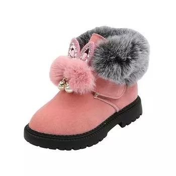 Girls Snow Boots Kids Ankle Boots Sweet Cute Rabbit Ear Crystal Fluffy Smooth Fur Hairy Warm Thick Cotton Children Winter Boots 21 чёрный