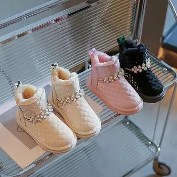Girls Snow Boots Plus Velvet Thickened Waterproof Non-slip Baby Cotton Shoes Autumn Winter New Simple Kids Pearls Pink Boots 26 бежевый