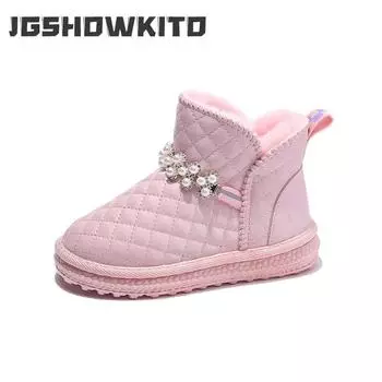 Girls Snow Boots Plus Velvet Thickened Waterproof Non-slip Baby Girls Cotton Shoes Autumn and Winter New Simple Pearls Pink Boot 26 чёрный