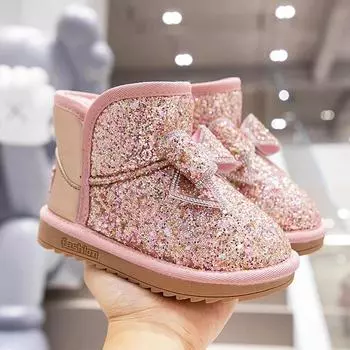 Girls Snow Boots Rhinestone Sequins Kids Fashion Winter Boots Princess Child Winter Cotton Plush Glitter Boots with Bow Classic 27 чёрный