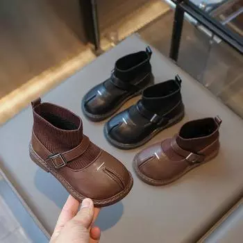 Girls Socks Boots Simple Versatile Children s Winter Boots Black Brown Causal Kids Fashion Cotton Shoes Matte Leather Non-slip 23 чёрный