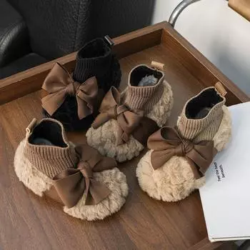 Girls Socks Boots Winter Children s Shoes Soft Fluffy Princess Walking Cotton Boots Fashion Bowknot Versatile Kids Causal Shoes 21 чёрный