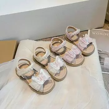 Girls Soft Sandals 2024 Summer New Kids Princess Shoes with Pearl Butterfly Baby Girls Open Toe Sweet Beach Shoes for Vacation 23 бежевый