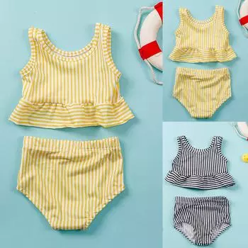 Комплект купальника в полоску для девочек. Детский купальник с разрезом. 120 жёлтый