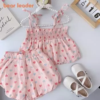 Girls Suit Bear Leader 1-5 Years Pink Love Print Suspender + Shorts Two Piece Set AZ3703 12M