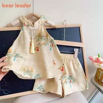 Girls Suit Bear Leader 2-7 Years Beige Chinese Style Tassel Vest + Shorts Two-piece Set AM3811 2T