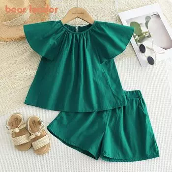 Girls Suit Bear Leader 3-7 Years Green Flying Sleeve Cotton Top + Shorts Two-piece Set TZ245 3T
