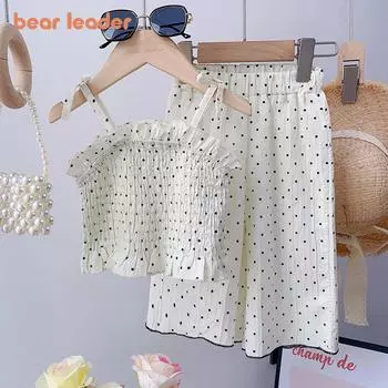 Girls Suit Bear Leader 3-7 Years Beige Dot Drop Suspenders + Pants Two Piece Set AZ3817 3T