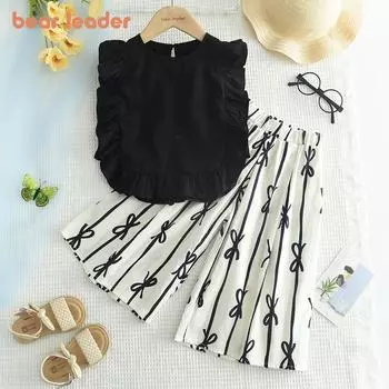 Girls Suit Bear Leader 3-7 Years Black Fly Sleeve Vest + Bow Pants Two-piece Set AZ3487 3T