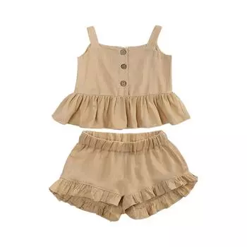 Girls Summer 2-Piece Set - Sleeveless Top & Floral Shorts Outfit 100 бежевый