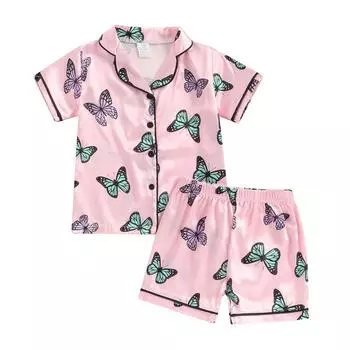 Girls Summer 2PCS Pajama Sets Short Sleeve Lapel Shirt Butterfly Print Pants Sleepwear 2-3 Years розовый