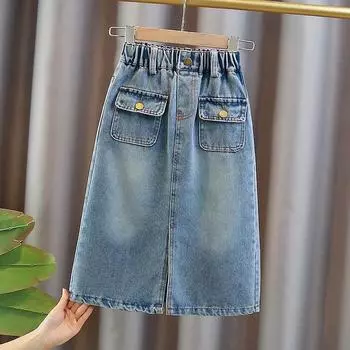 Girls Summer Denim Skirt Fashionable Fashionable Half Skirt Casual Korean Edition Versatile Long Skirt Children 170cm синий