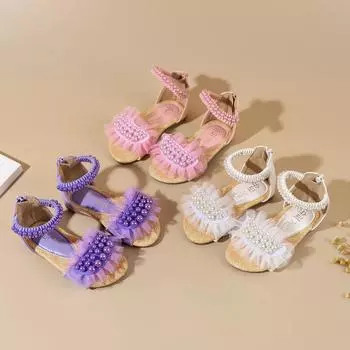 Girls Summer Flat Shoes with Mesh Pearl Kids Princess Sandals with Back Zip Girls Beach Shoes for Vacation Soft sole Comfortable 21 розовый