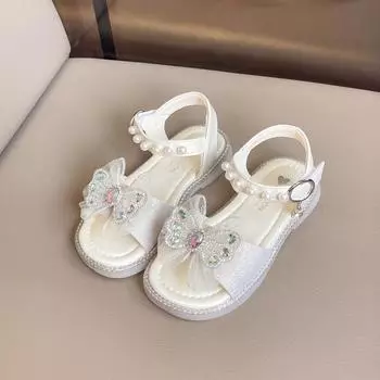Летние школьные сандалии для девочек, модные детские сандалии со стразами и бантом, плоские, новые детские нескользящие сандалии с открытым носком и жемчугом, мягкая подошва 23 розовый