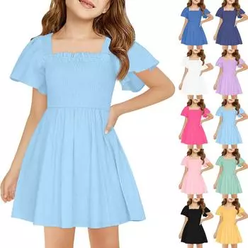Girls Summer Short Sleeve Dress - Square Neck Ruffled Back Short Dress 130