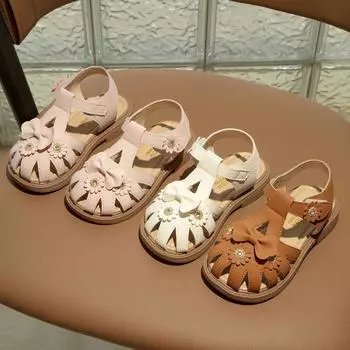 Girls Summer Sweet Beach Shoes with Crystal Flower Kids Bow Sandals for Vacation 2024 New Girl Fashion Princess Flat Shoes Soft 23 бежевый