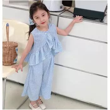 Girls Summer Thin Plaid Suit In Small Children Design Personality Top + Loose Pants Fresh Cute Two-piece Set 130