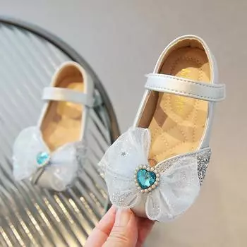 Girls Sweet Rhinestone Children s Crystal Shoes Versatile Square Toe Classic Breathable 2024 Spring Mesh Bow Kids Mary Janes 21 золотой