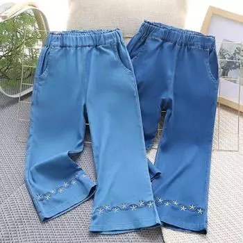 Girls Tencel Jeans Loose Thin Summer Embroidered Flared Pants Embroidered Versatile Casual Ice Silk Mosquito Proof Pants 110 темно-синий