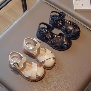 Сандалии с закрытыми носками для девочек, мягкая подошва, детская пляжная обувь, модная обувь для маленьких детей, туфли Cross Princess с открытым носком, размер 22-36 22 чёрный