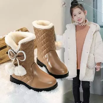 Girls Warm Boots Bow Kids Snow Boots Fur Plush Winter Fashion Children Princess Boots Waterproof Platform 38 чёрный