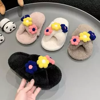 Girls Warm Home Slippers Sweet Flower Princess Flat Slippers Fashion Kids Winter Shoes Versatile Soft Children s Plush Slippers 26-27 хаки
